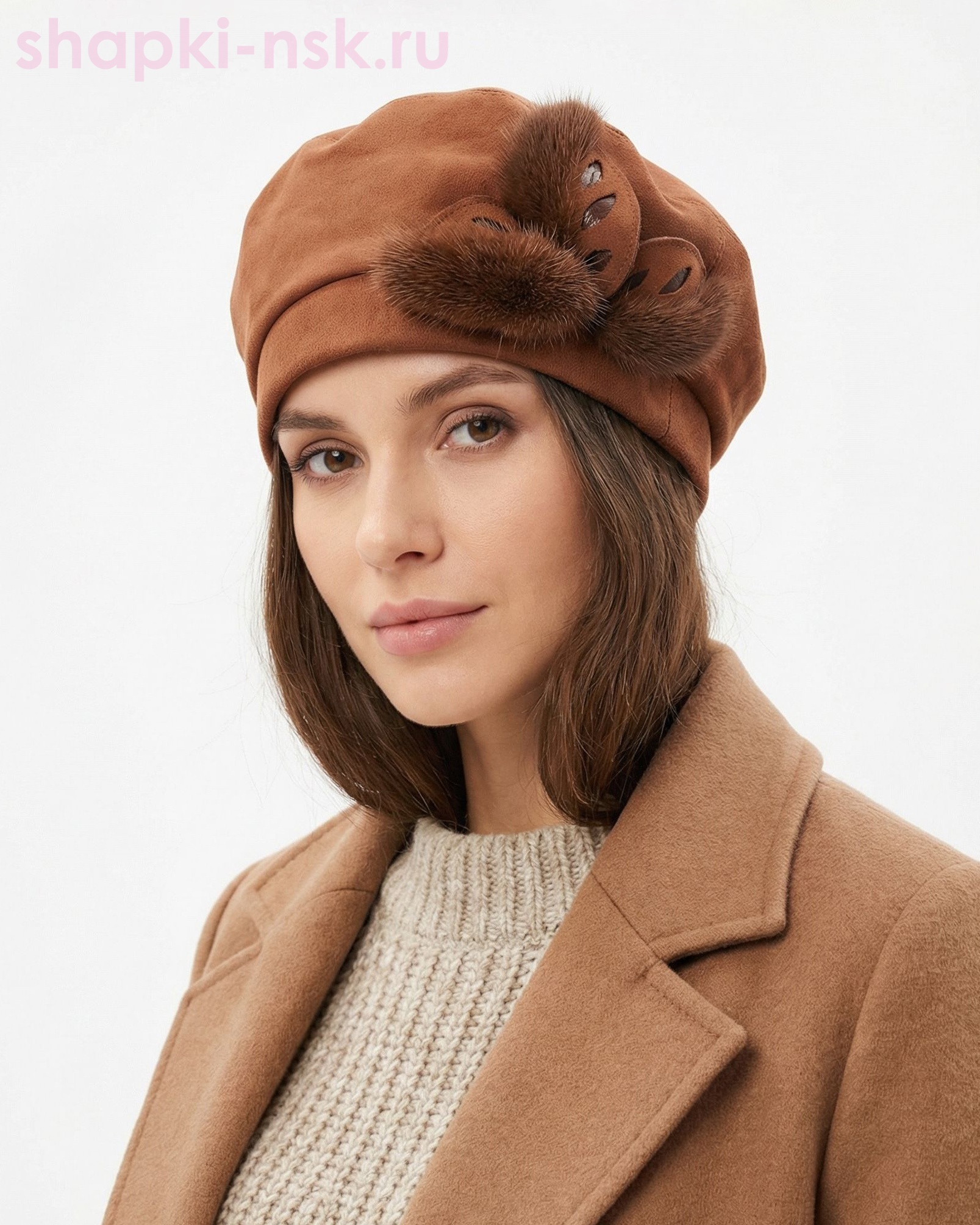 Елена замша мех.норка Берет женский флис (56-58)